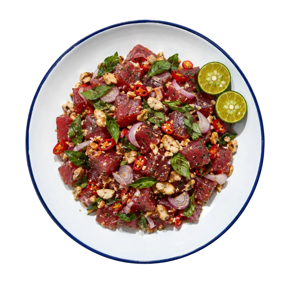 Gohu ikan di piring enamel: tuna mentah potong dadu, kenari, kemangi, bawang merah, cabai, dan dua belah lemon cui.