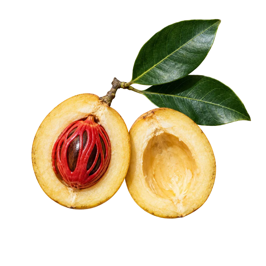 Buah pala terbelah dua: daging buah kuning pucat, biji cokelat tua terbungkus fuli merah seperti jala, dan dua helai daun.