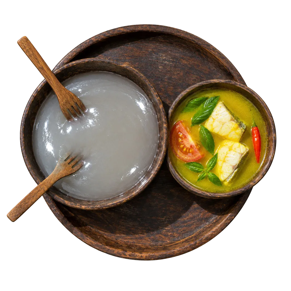 Nampan kayu berisi semangkuk popeda bening kental dengan dua garpu kayu dan semangkuk ikan kuah kuning.