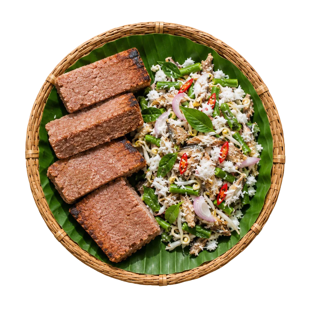 Nampan anyaman beralas daun pisang: empat batang sagu lempeng cokelat kemerahan dan segunduk kohu-kohu dengan kelapa parut, kacang panjang, taoge, dan suwiran ikan asap.