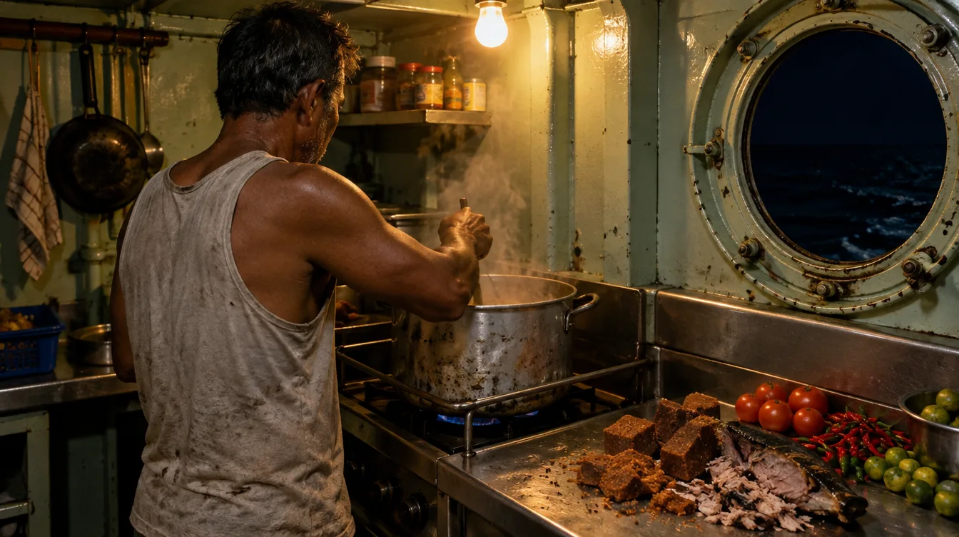 Dapur kapal yang sempit di bawah satu bohlam kuning. Koki dilihat dari belakang mengaduk panci yang ditahan palang besi di atas kompor; di meja baja ada pecahan sagu lempeng, ikan asap, tomat, rawit, dan lemon cui.