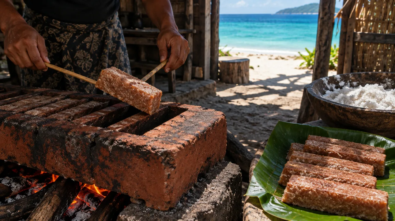 Dua tangan mengangkat sebatang sagu lempeng dari forna, cetakan tanah liat bercelah di atas api kayu. Sagu yang sudah jadi berjajar di daun pisang, laut terlihat dari pintu.