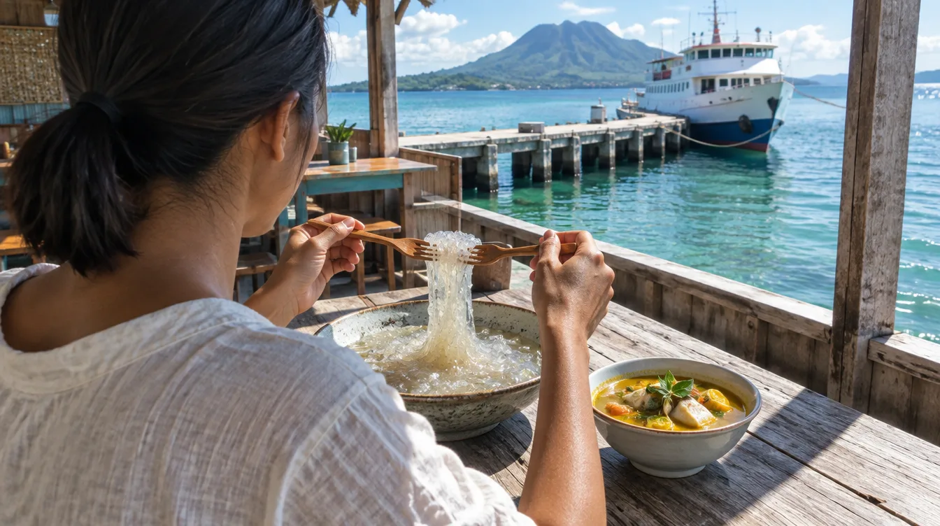 Dilihat dari belakang bahu, seorang perempuan menggulung popeda dengan dua garpu kayu di rumah makan panggung. Kapal putih tertambat di dermaga.